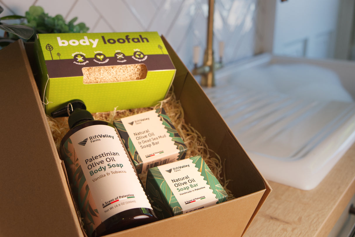 Palestinian Olive Oil Soap and Natural Body Loofah Bundle with Gift Box