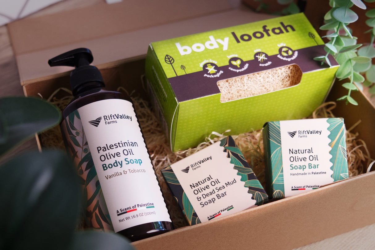 Palestinian Olive Oil Soap and Natural Body Loofah Bundle with Gift Box